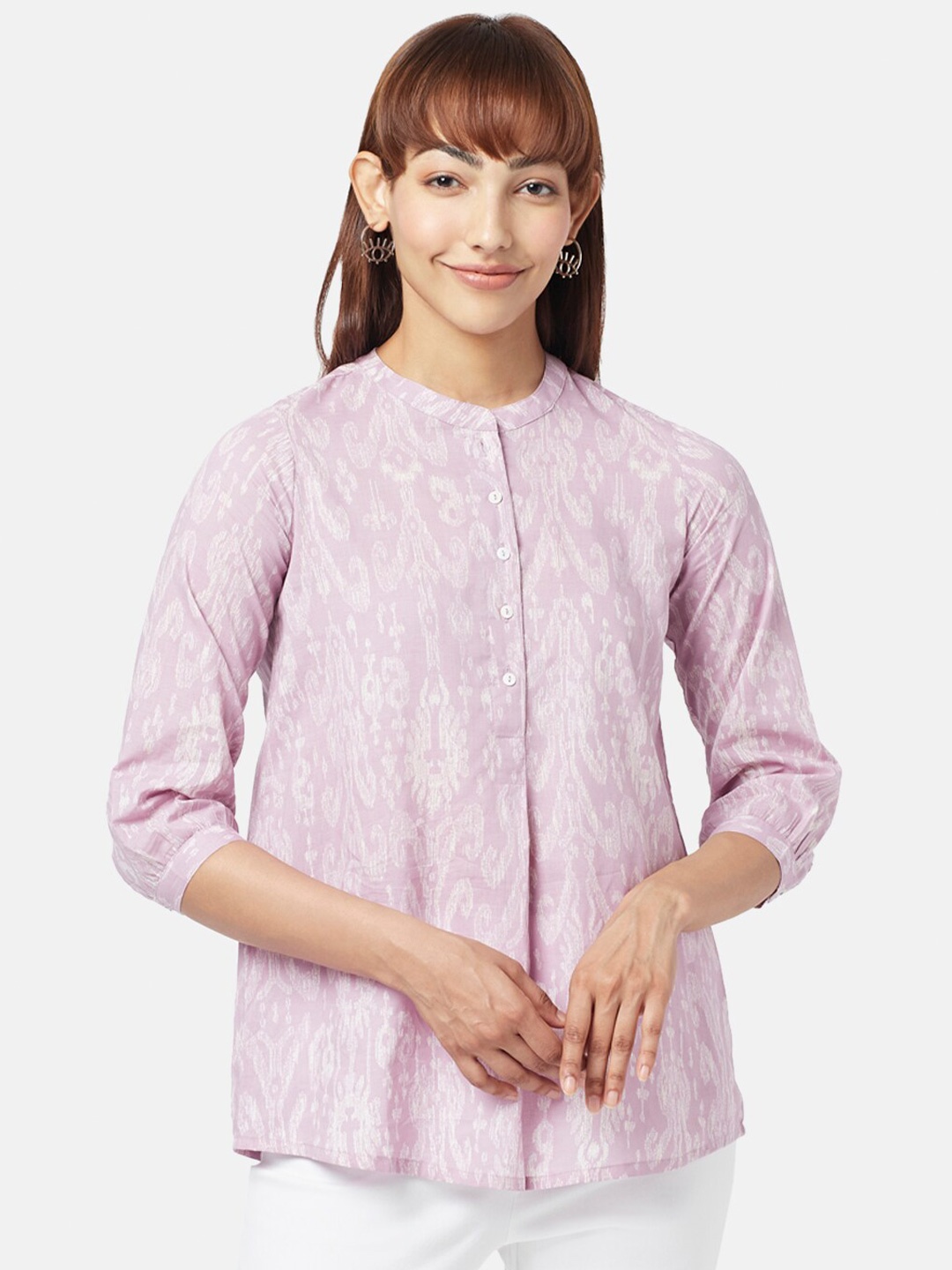 

AKKRITI BY PANTALOONS Mandarin Collar Printed Cotton Tunic, Purple