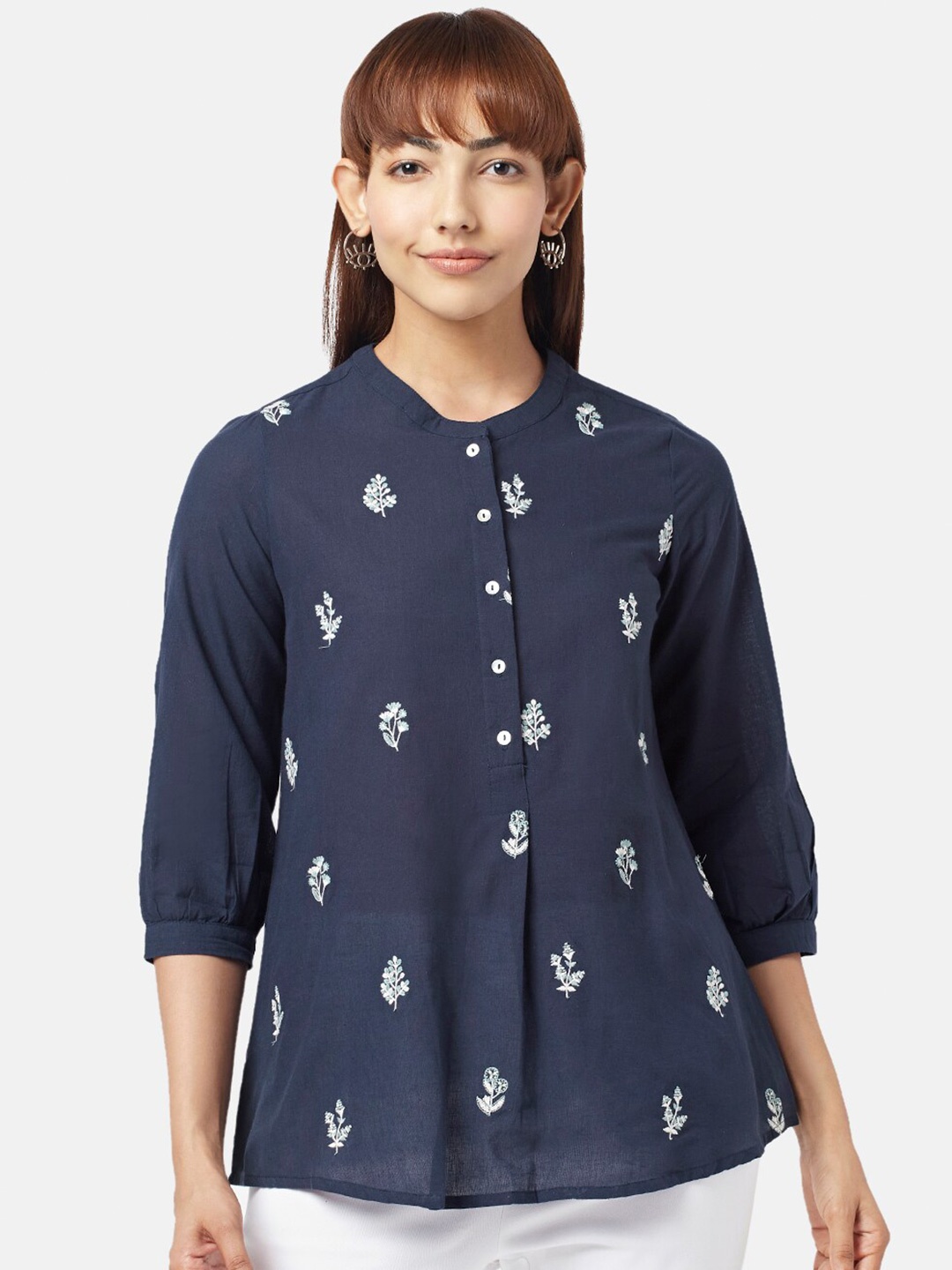 

AKKRITI BY PANTALOONS Mandarin Collar Embroidered Cotton Tunic, Blue