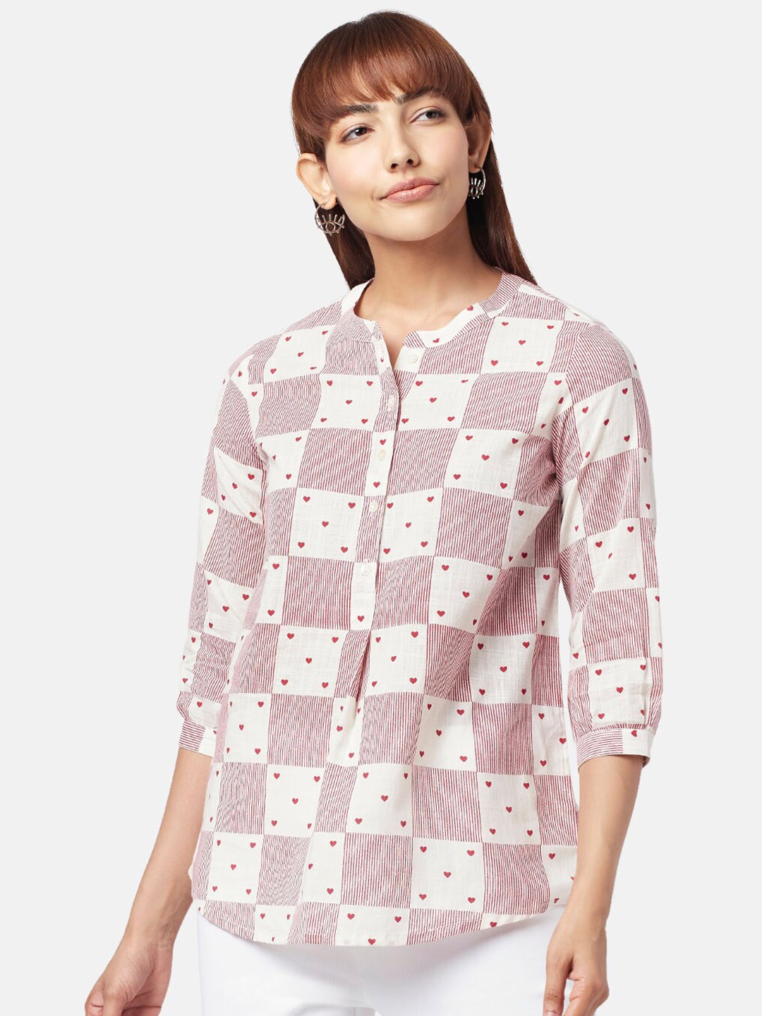 

AKKRITI BY PANTALOONS Mandarin Collar Printed Cotton Tunic, Red