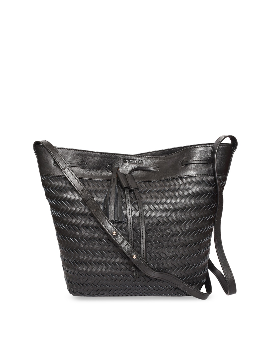 

Sassora Women Textured Leather Structured Sling Bag with Tasselled, Black