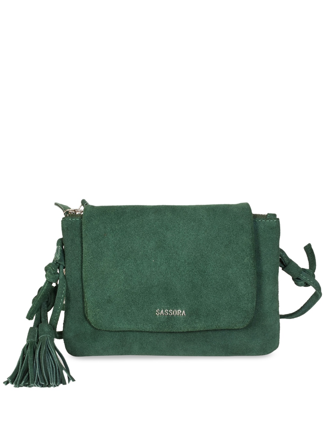 

Sassora Leather Structured Sling Bag with Tasselled, Green