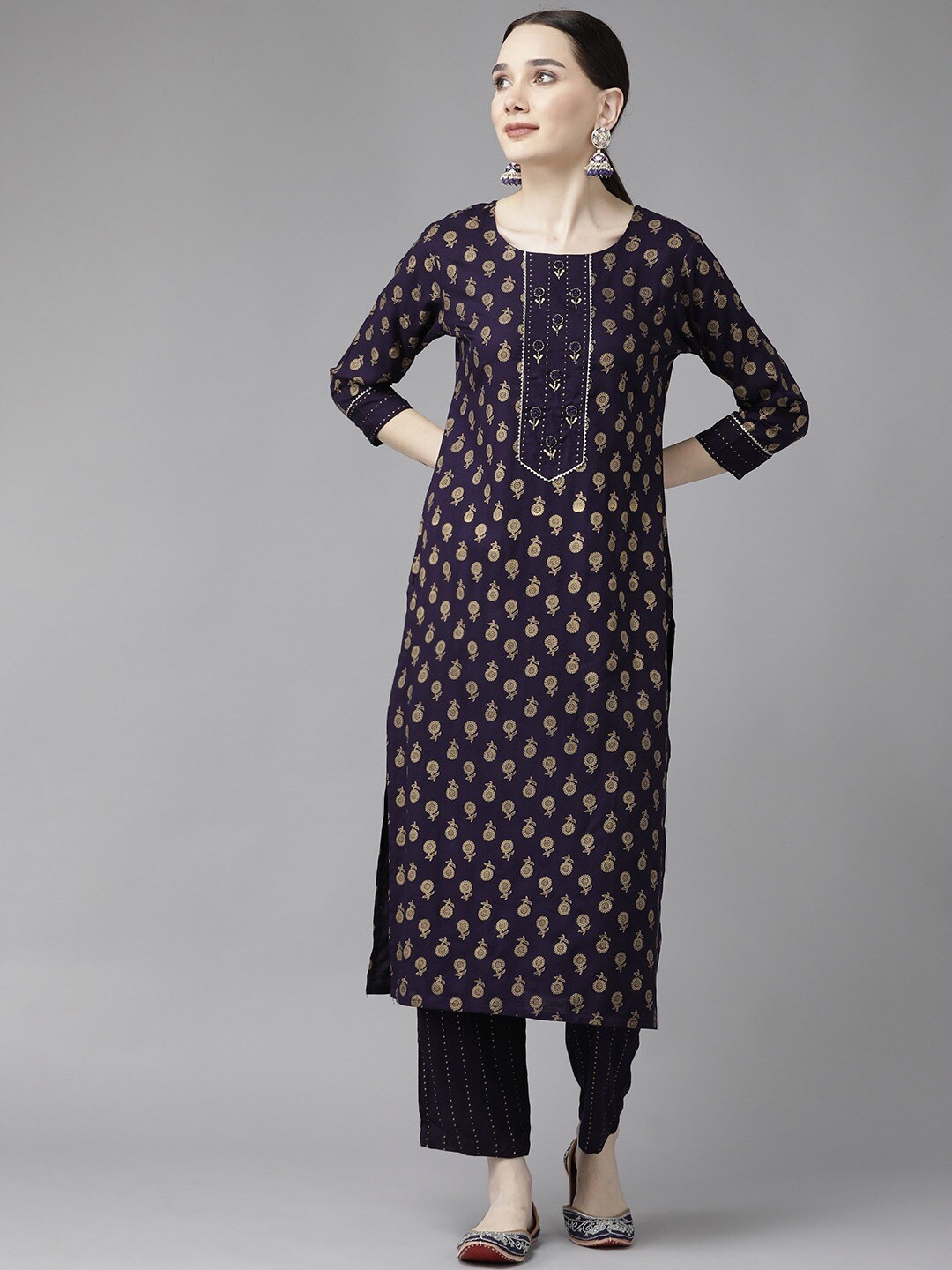 

Yufta Women Navy Blue Ethnic Motifs Printed Beads and Stones Kurta with Trousers