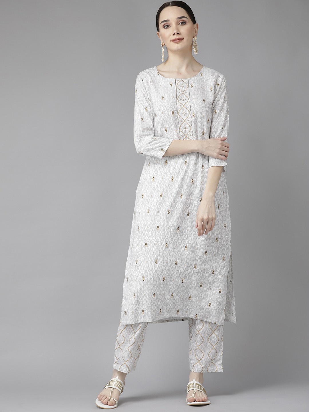 

Yufta Women White Ethnic Motifs Printed Beads and Stones Kurta with Trousers