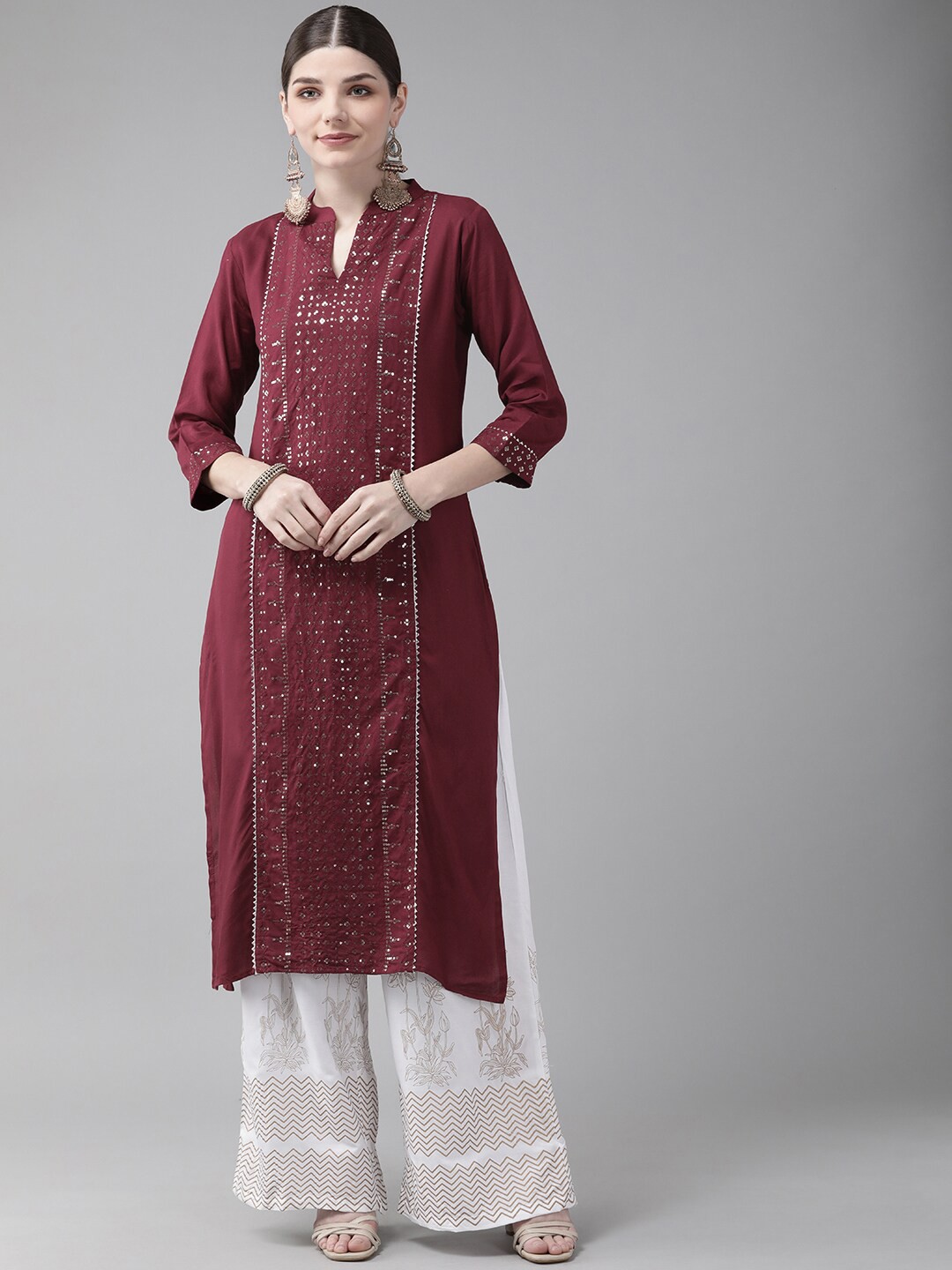 

Yufta Women Ethnic Motifs Embroidered Panelled Kurta with Palazzos, Maroon