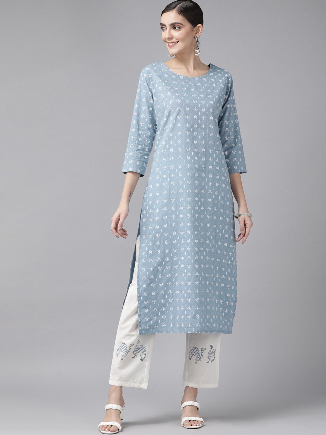 

Yufta Women Ethnic Motifs Printed Pure Cotton Kurta with Trousers, Blue