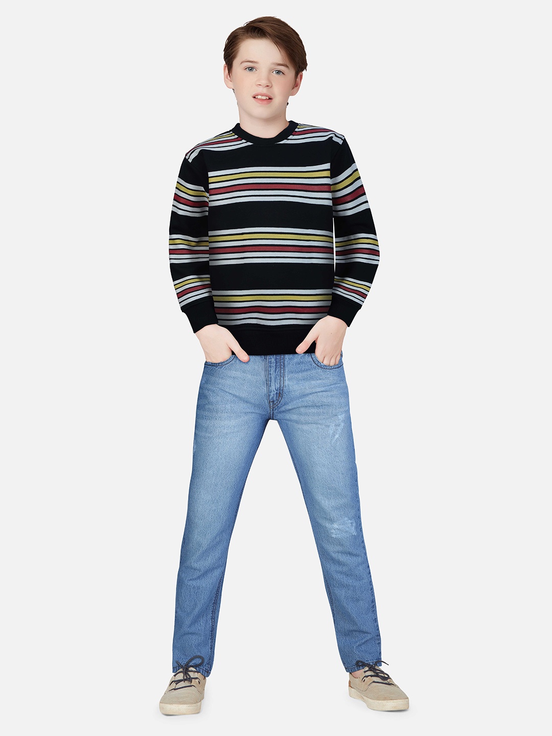 

Gini and Jony Boys Round Neck Striped Printed Cotton Sweatshirt, Black