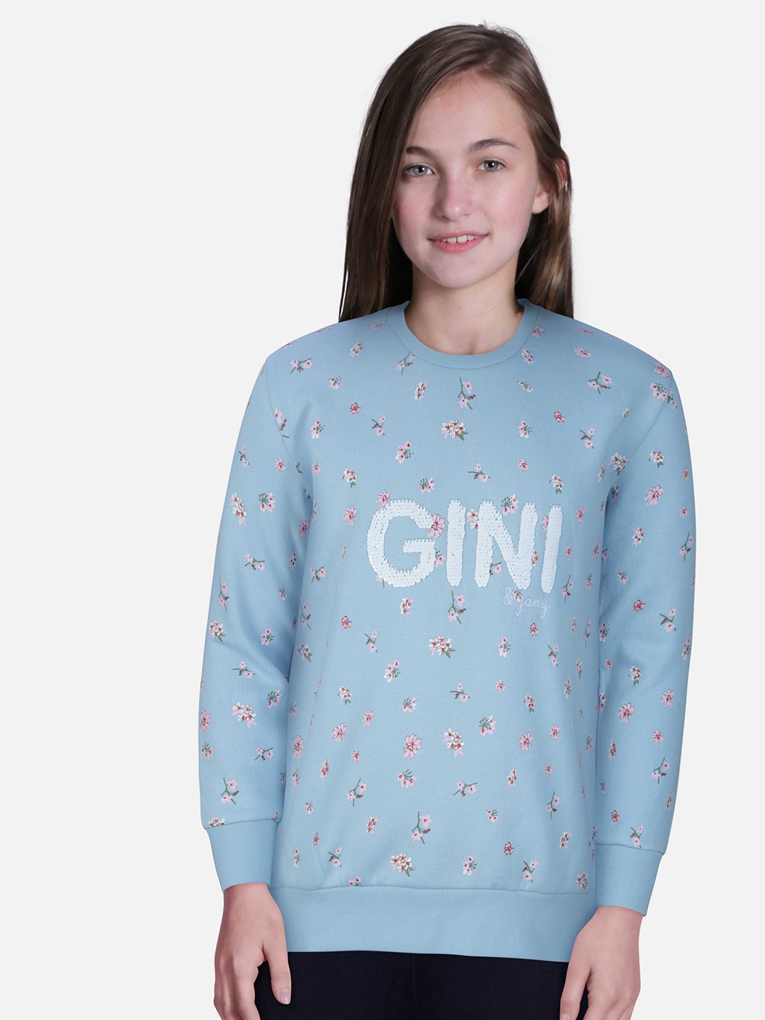

Gini and Jony Girls Floral Printed Fleece Sweatshirt, Blue