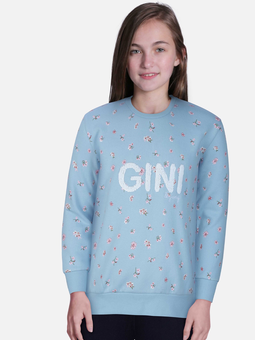

Gini and Jony Girls Round Neck Floral Printed Fleece Sweatshirt, Blue