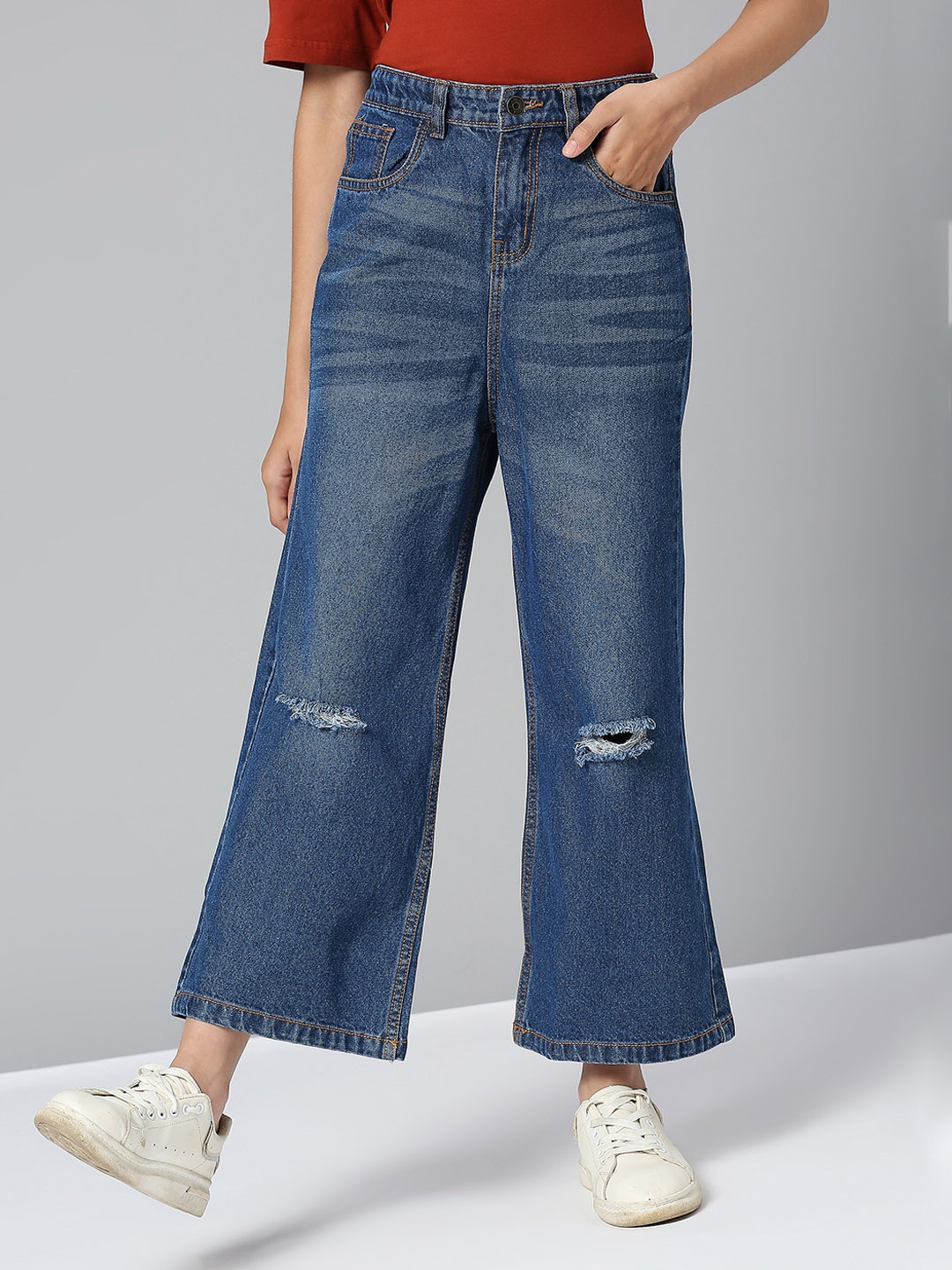 

JUSTICE Girls Flared Mildly Distressed Ripped Jeans, Navy blue