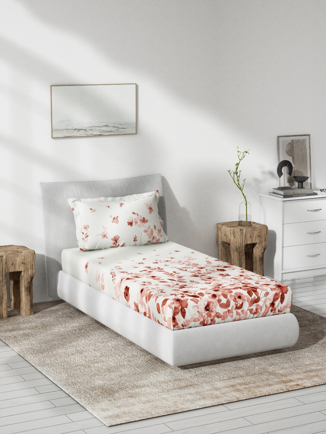 

DDecor Live Beautiful White & Red Floral 140 TC Cotton Flat Single Bedsheet & Pillow Cover