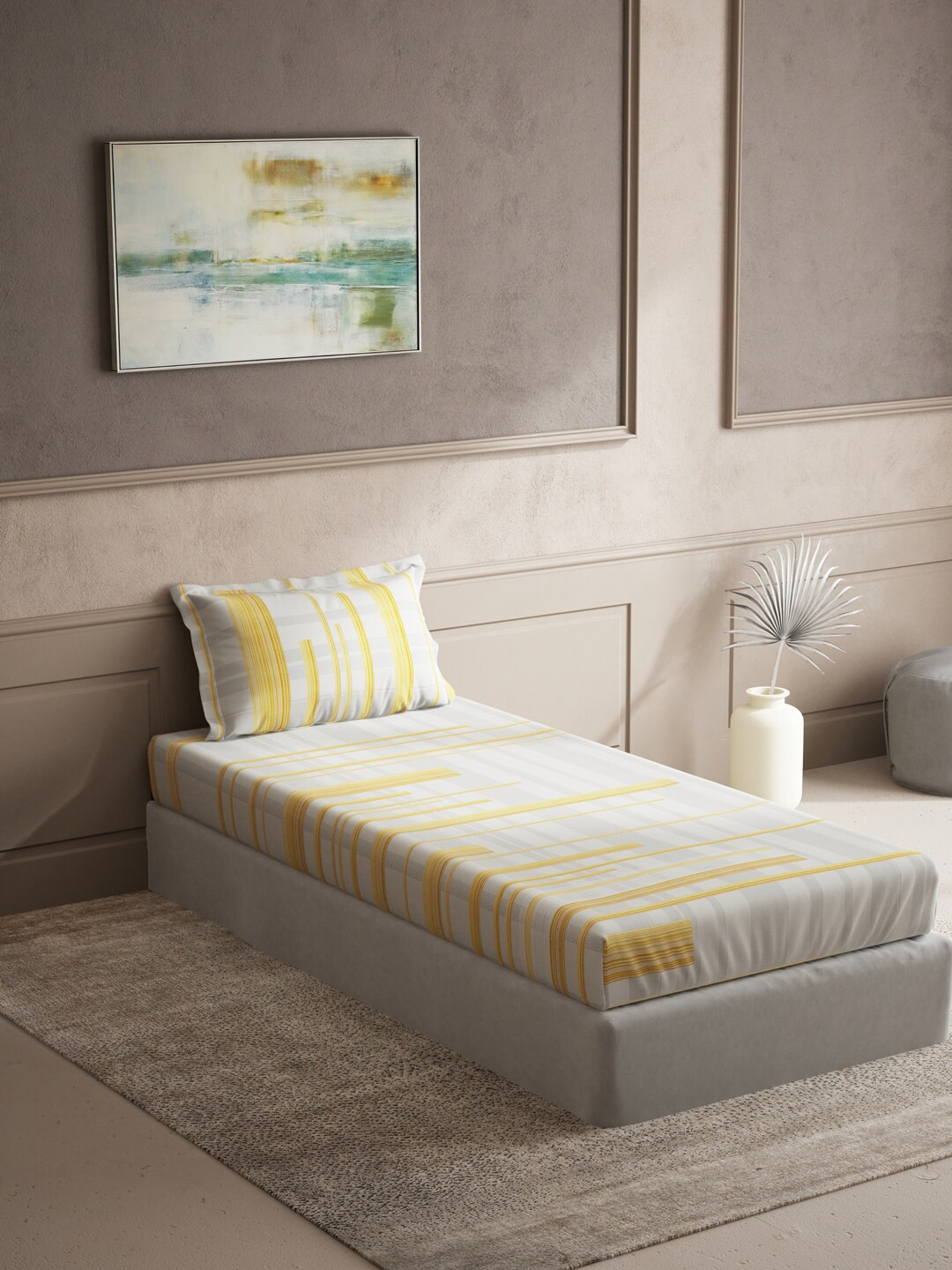 

DDecor Live Beautiful Grey & Yellow Geometric 140 TC Single Bedsheet With Pillow Cover