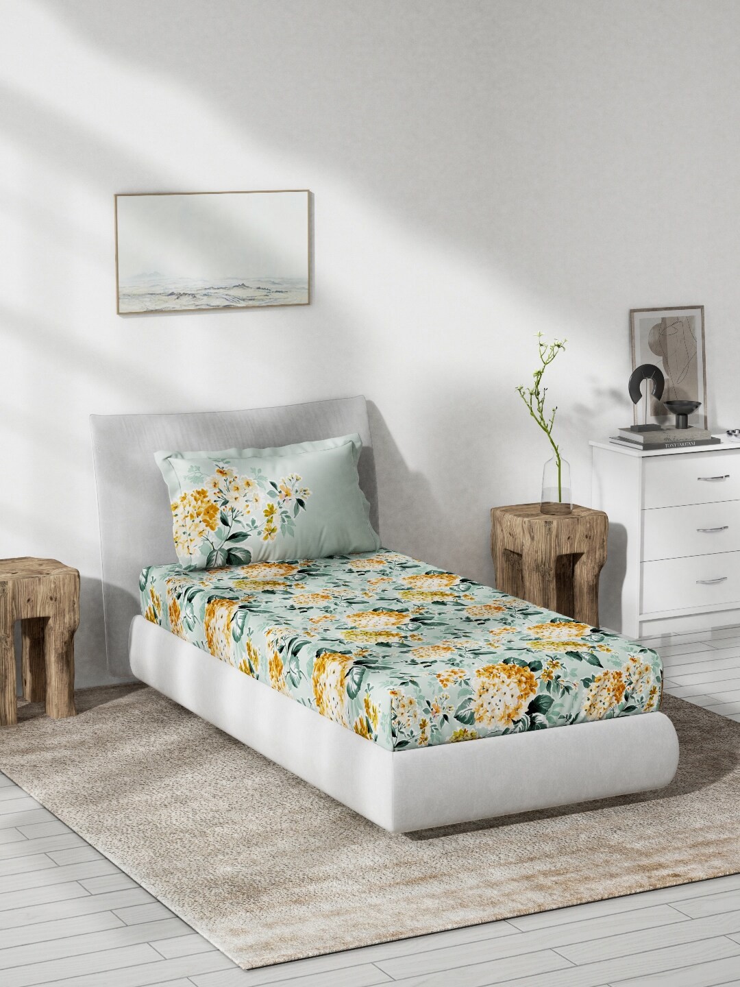 

DDecor Live Beautiful Green Floral 140 TC Flat Cotton Single Bedsheet With Pillow Cover