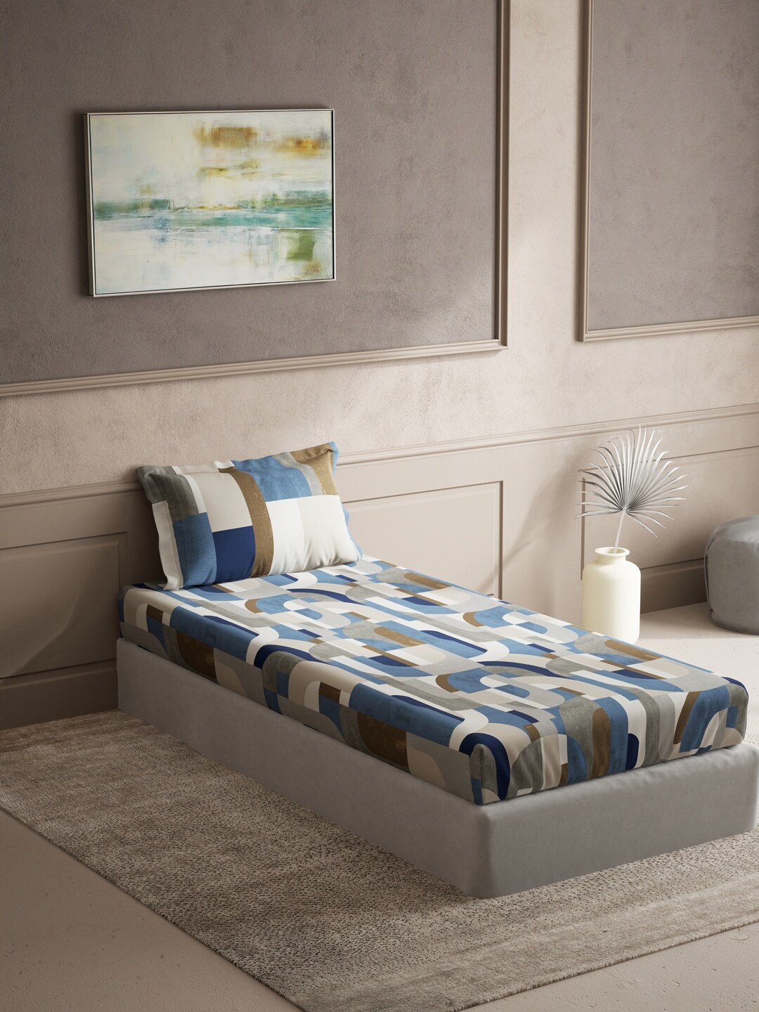 

DDecor Live Beautiful Blue & Grey Geometric 150 TC Flat Single Bedsheet & Pillow Cover