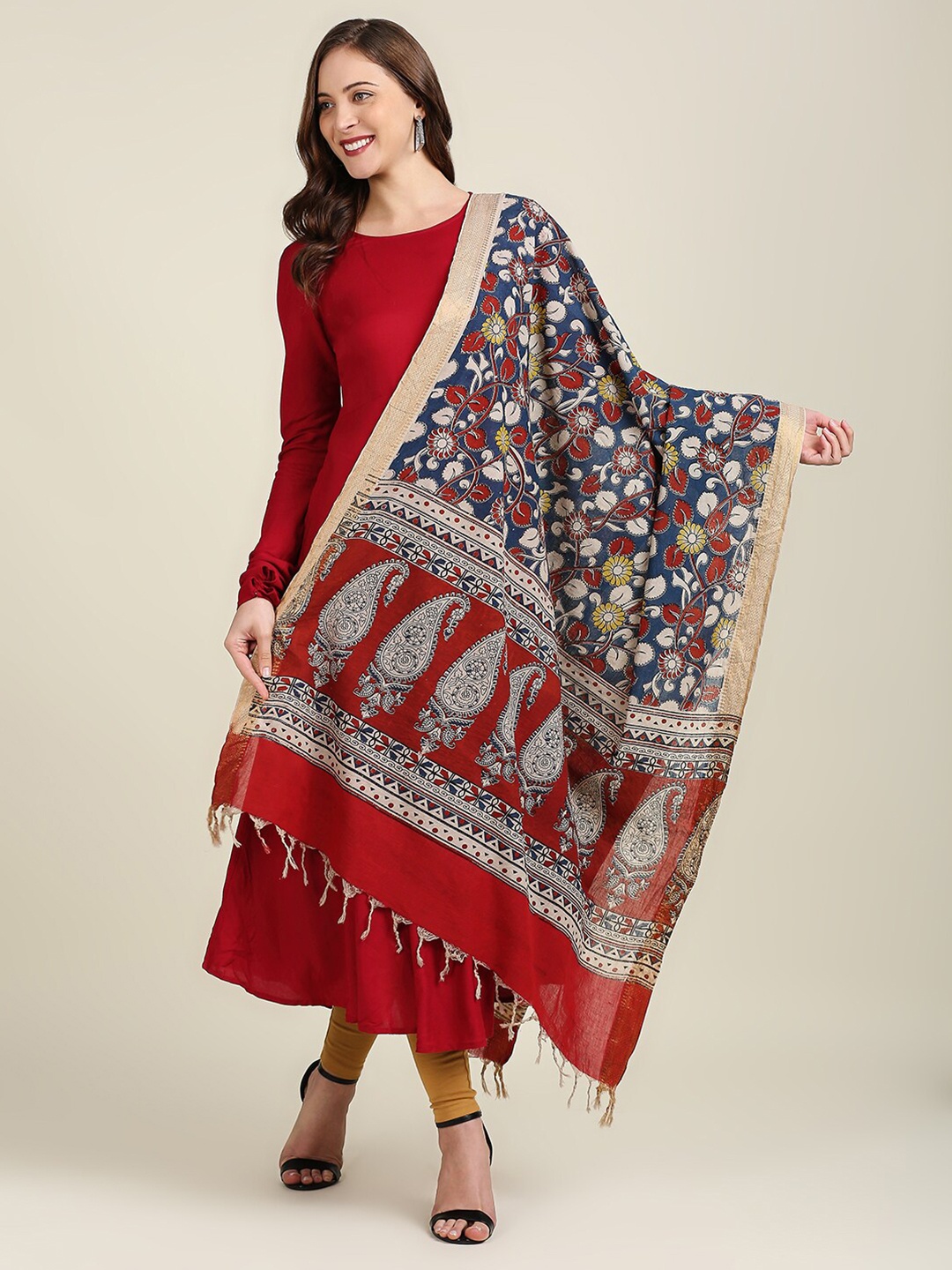 

Dupatta Bazaar Ethnic Motifs Printed Kalamkari Cotton Dupatta, Navy blue