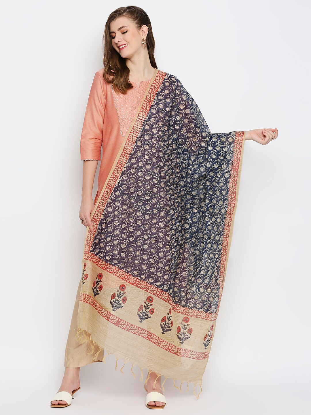 

Dupatta Bazaar Printed Block Print Dupatta, Navy blue