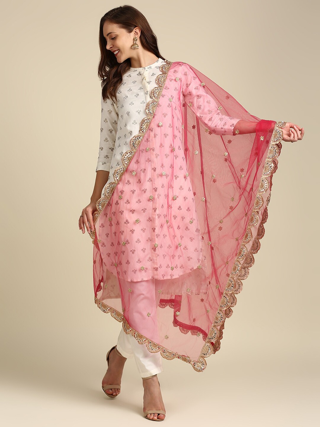 

Dupatta Bazaar Ethnic Motifs Embroidered Dupatta with Zardozi, Pink