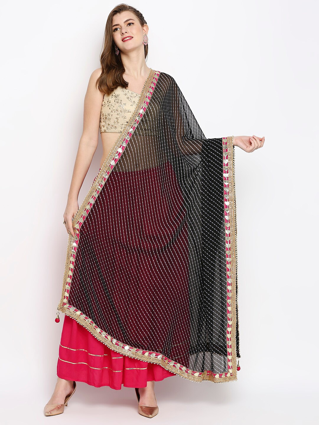

Dupatta Bazaar Printed Leheriya Dupatta with Gotta Patti, Black