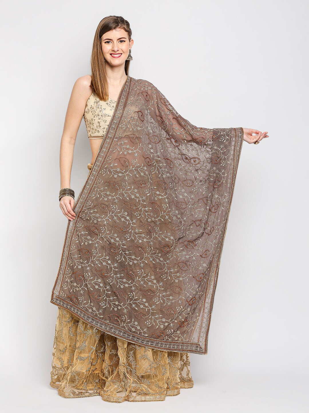 

Dupatta Bazaar Paisley Embroidered Dupatta, Grey
