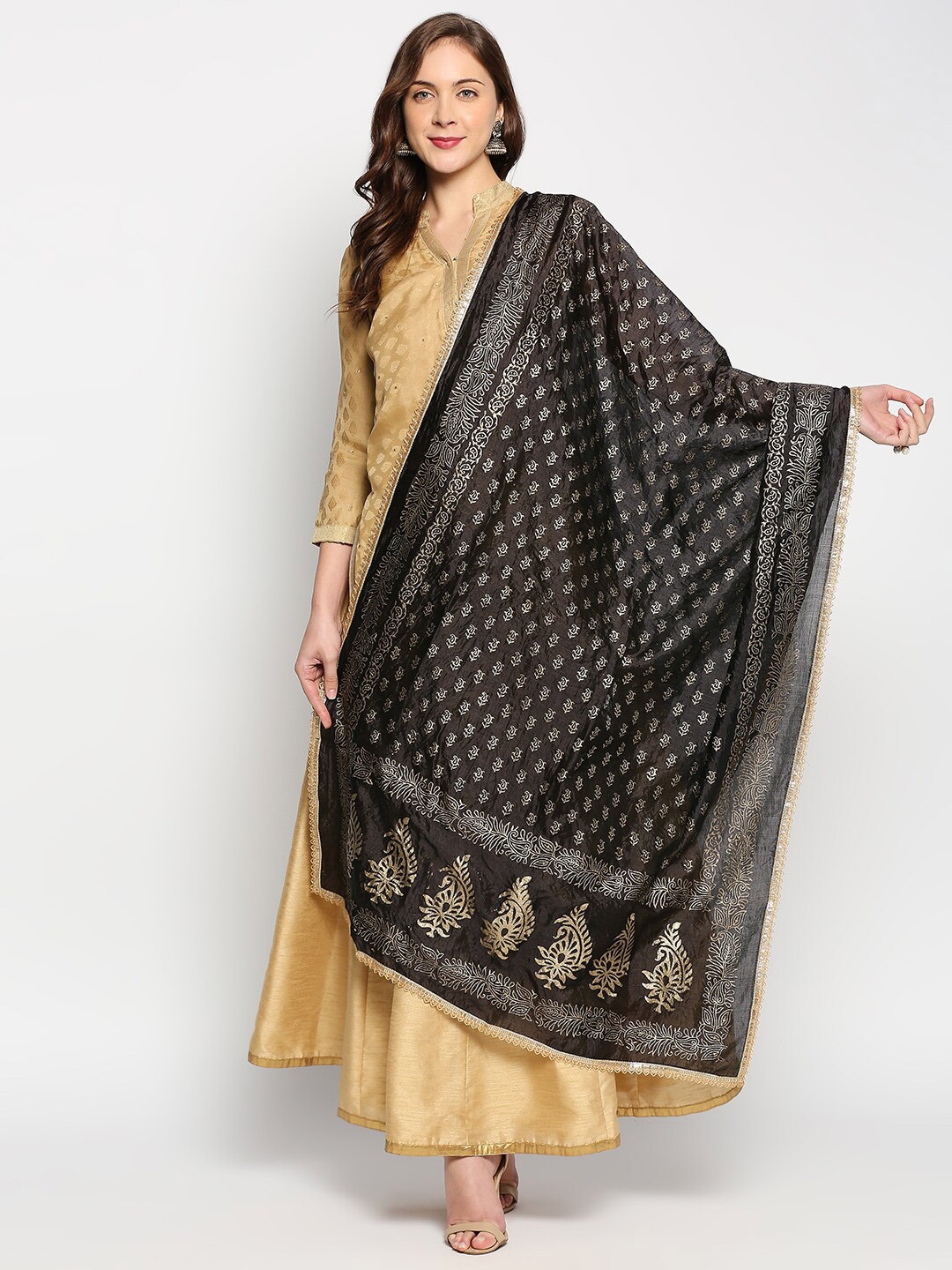 

Dupatta Bazaar Ethnic Motifs Printed Khari Print Silk Dupatta, Black