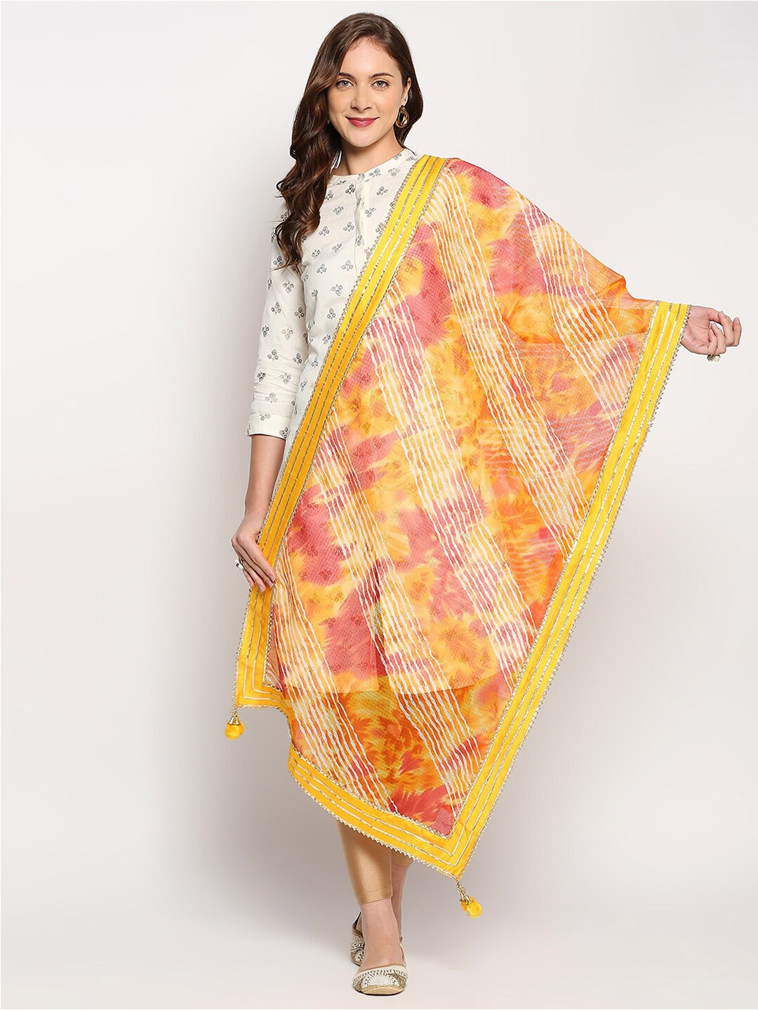 

Dupatta Bazaar Printed Leheriya Dupatta with Gotta Patti, Yellow