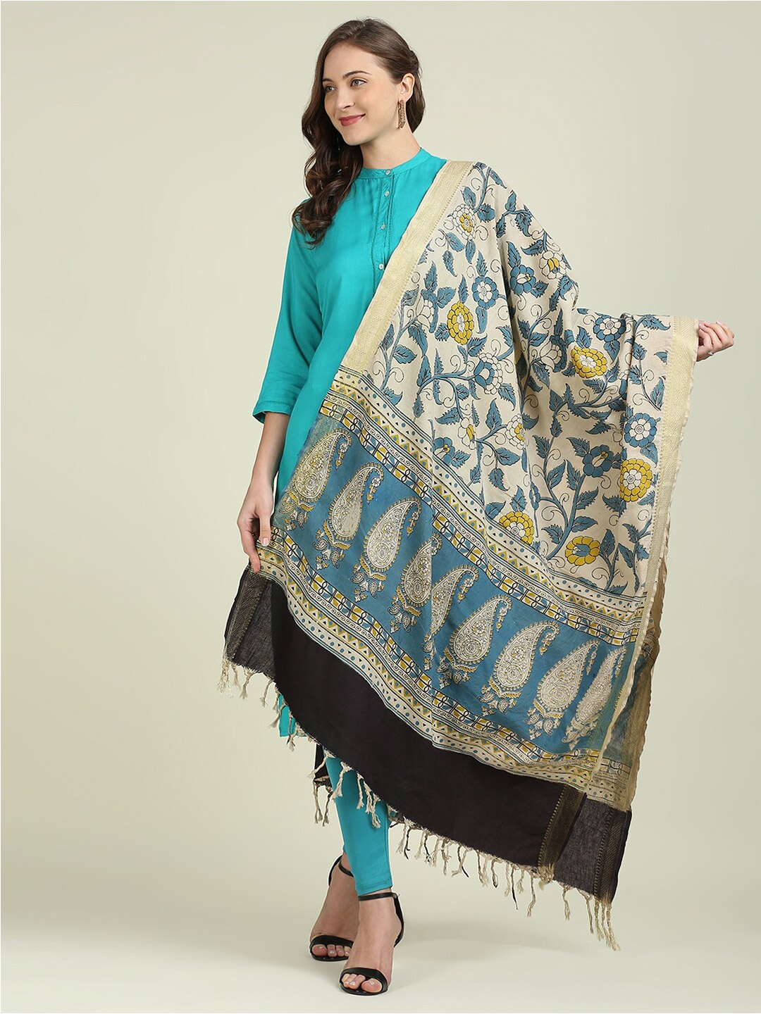 

Dupatta Bazaar Ethnic Motifs Printed Kalamkari Cotton Dupatta, Beige