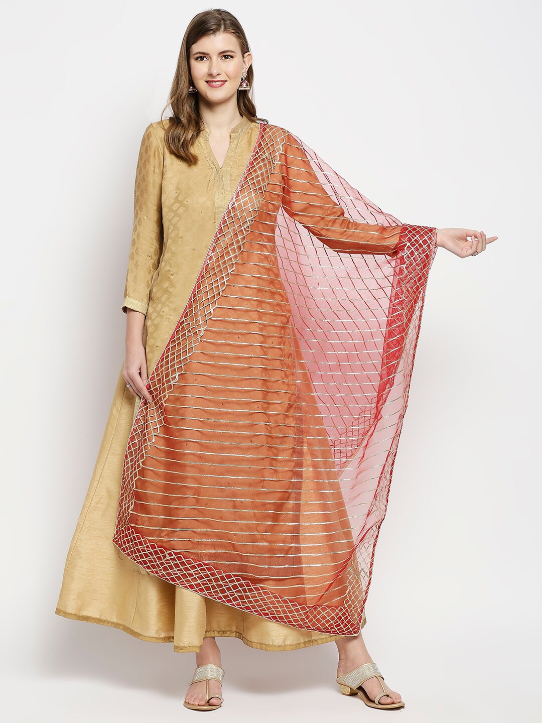 

Dupatta Bazaar Striped Dupatta with Gotta Patti, Red