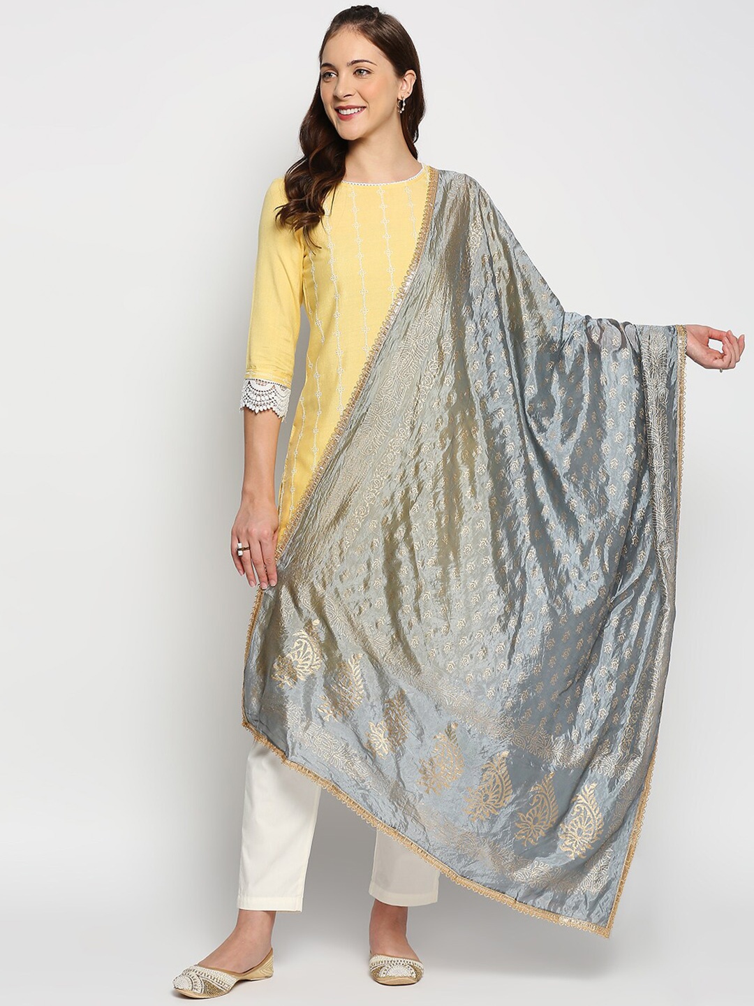 

Dupatta Bazaar Printed Khari Print Silk Dupatta with Zari, Grey