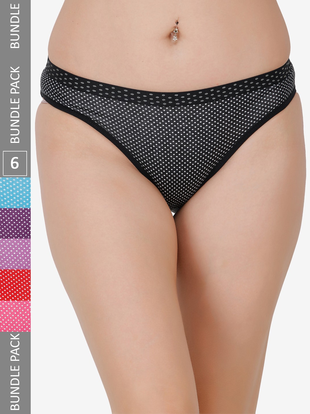 

Docare Women Pack of 6 Printed High-Rise Cotton Bikini Briefs, Black