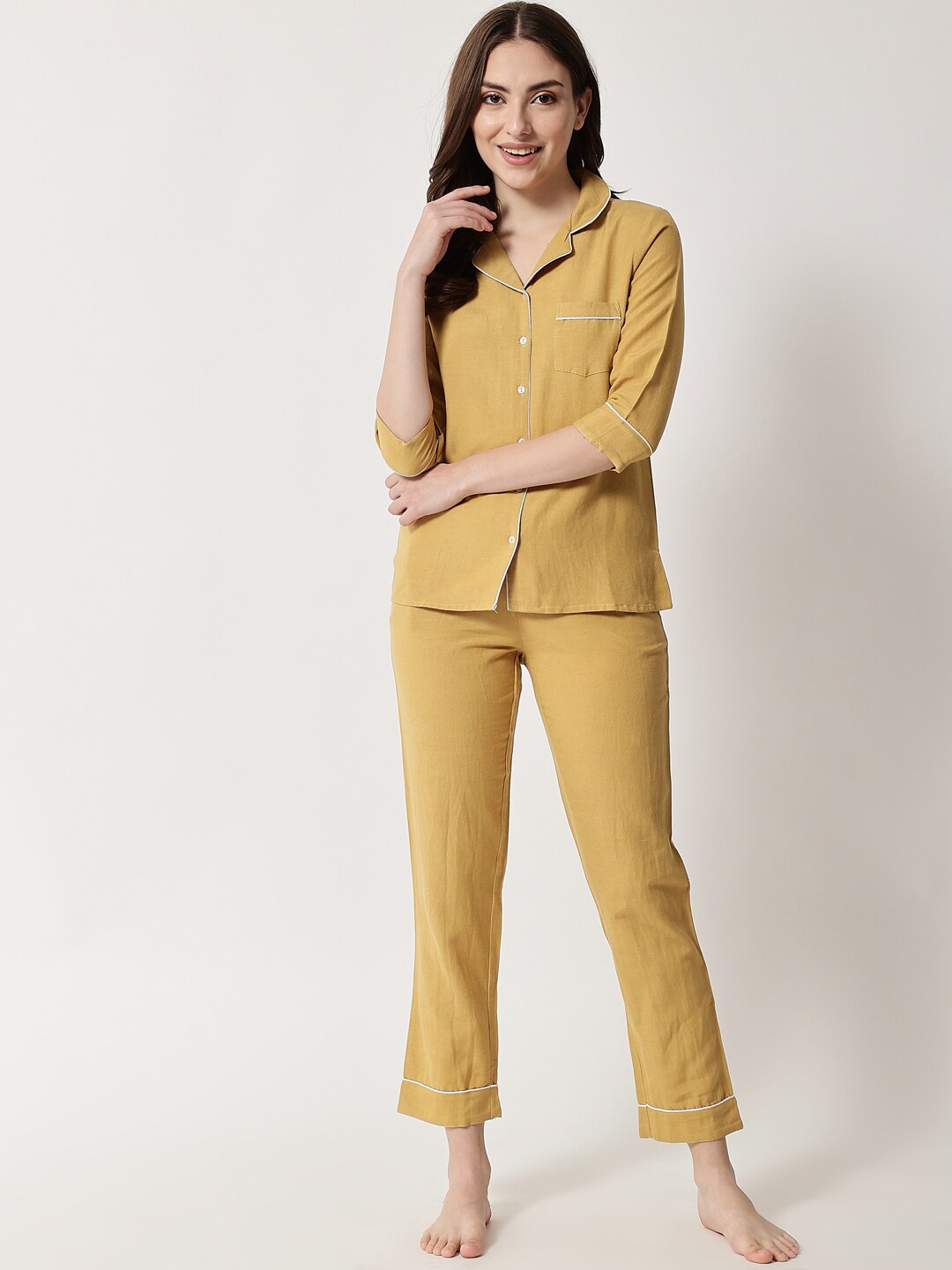

HERE&NOW Women 2 Pieces Lapel Collar Night Suit, Gold