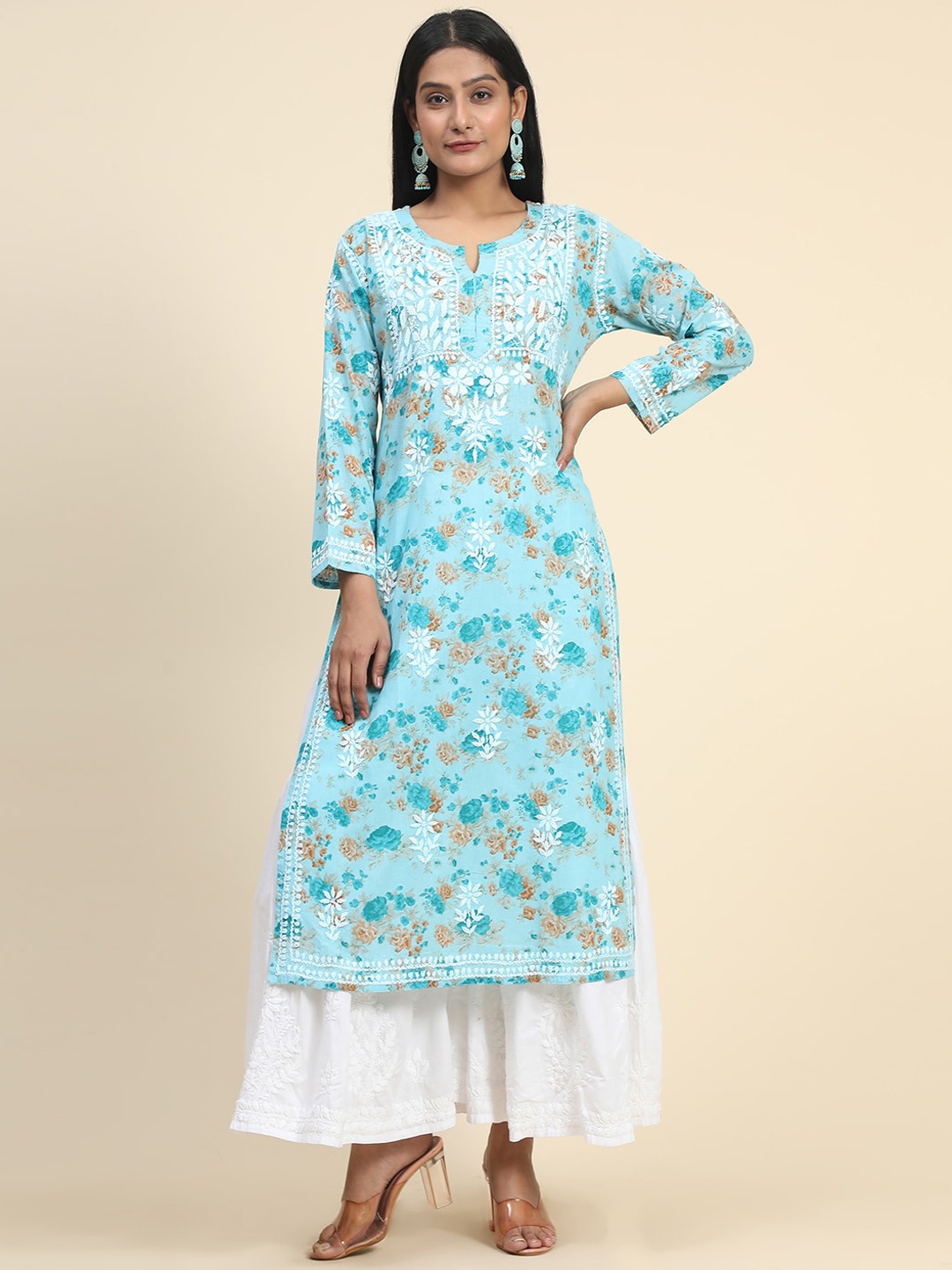 

HOUSE OF KARI Women Floral Printed Thread Work Cotton Kurta, Blue