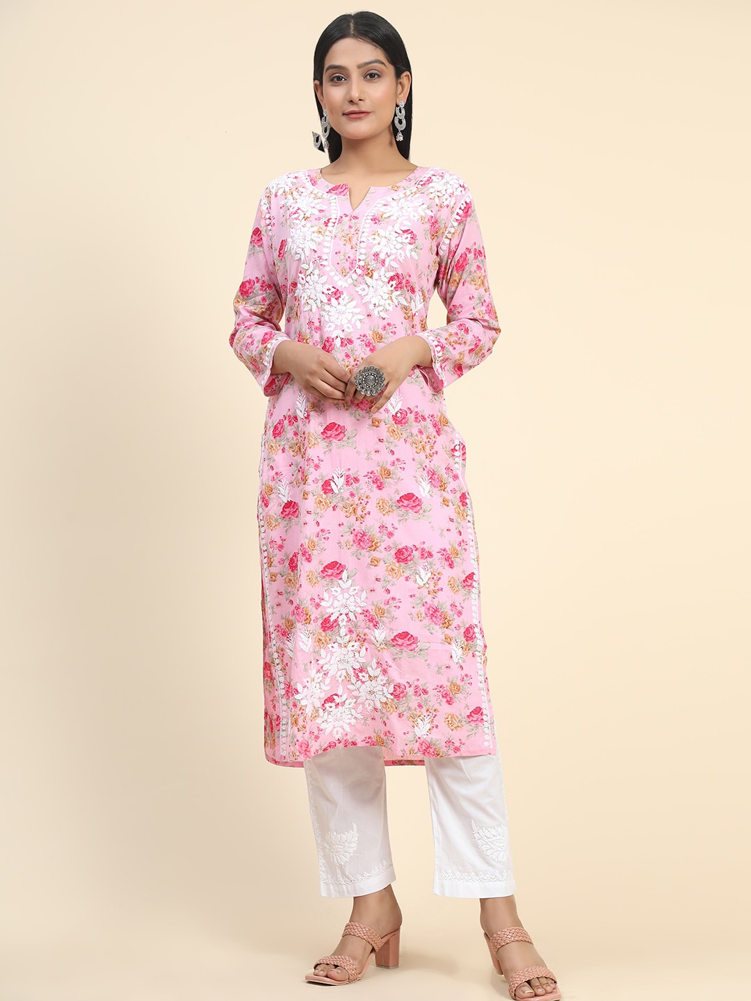 

HOUSE OF KARI Women Floral Printed Thread Work Cotton Kurta, Pink