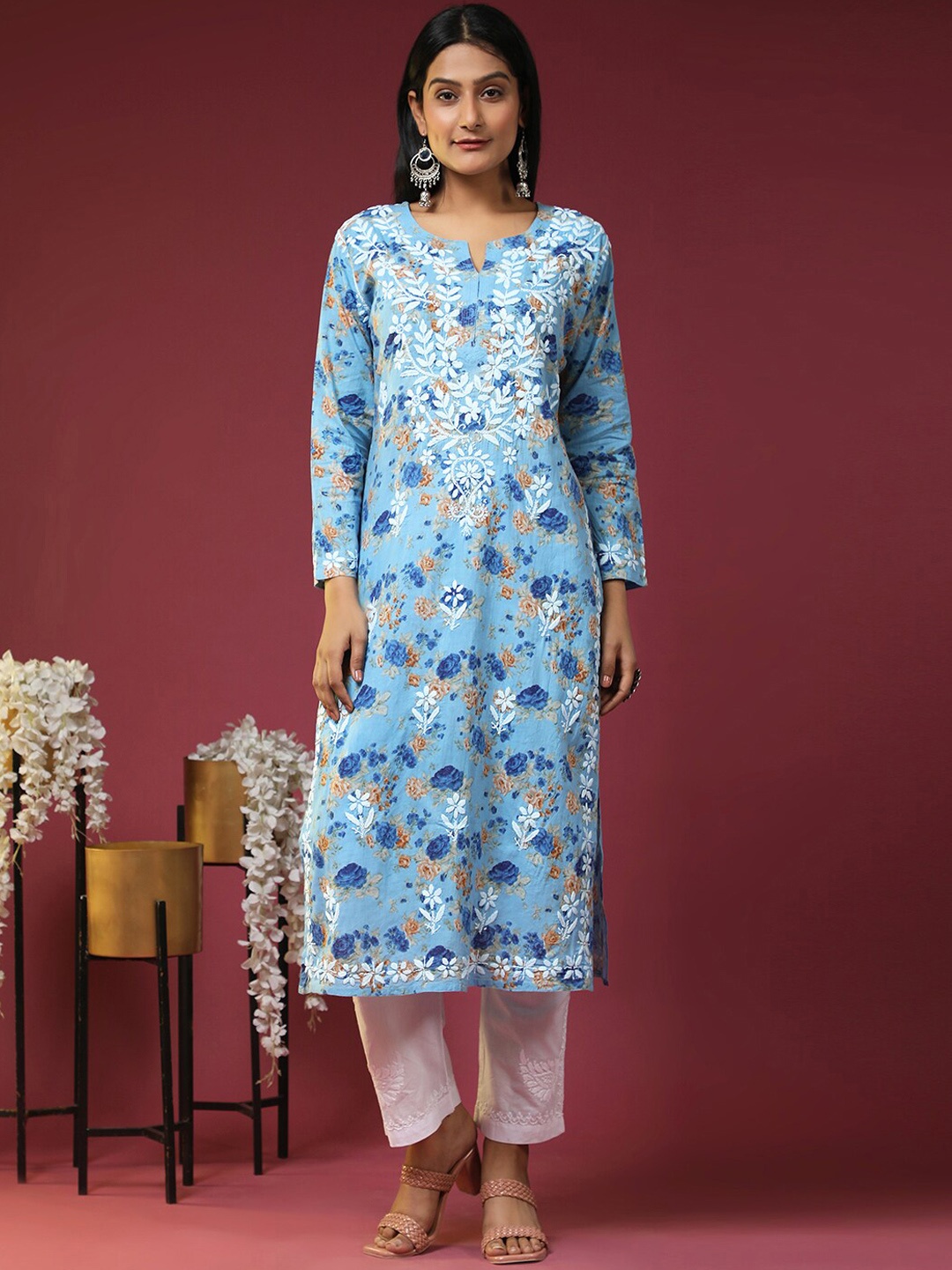 HOUSE OF KARI Women Floral Printed Thread Work Kurta, Blue
