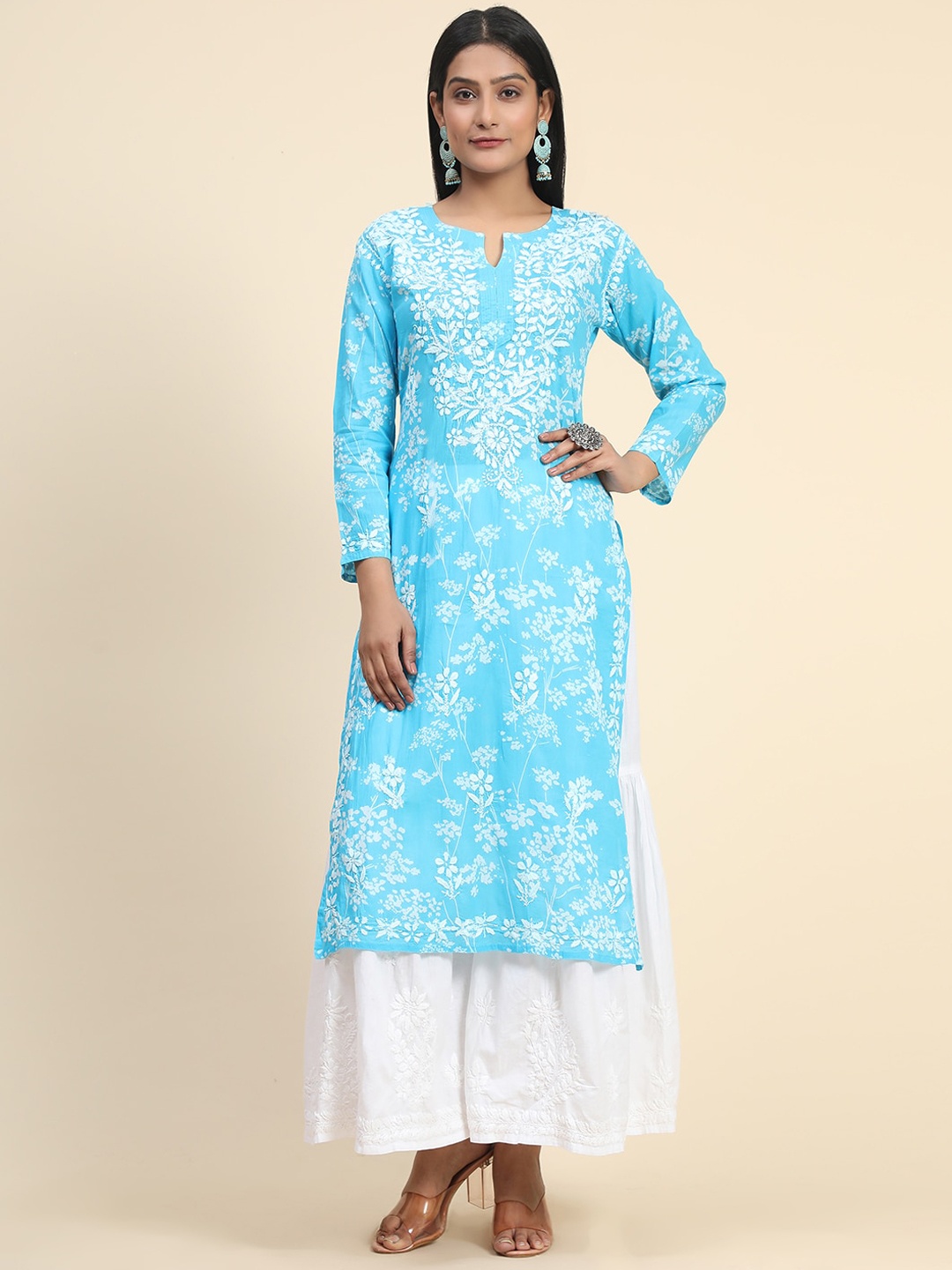 

HOUSE OF KARI Women Floral Printed Thread Work Kurta, Blue
