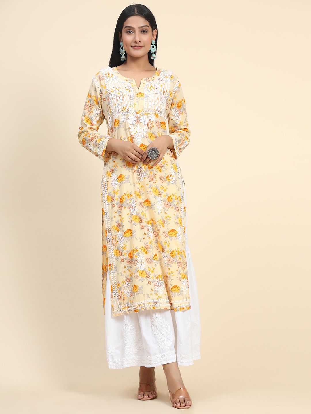 

HOUSE OF KARI Women Floral Printed Thread Work Cotton Kurta, Yellow