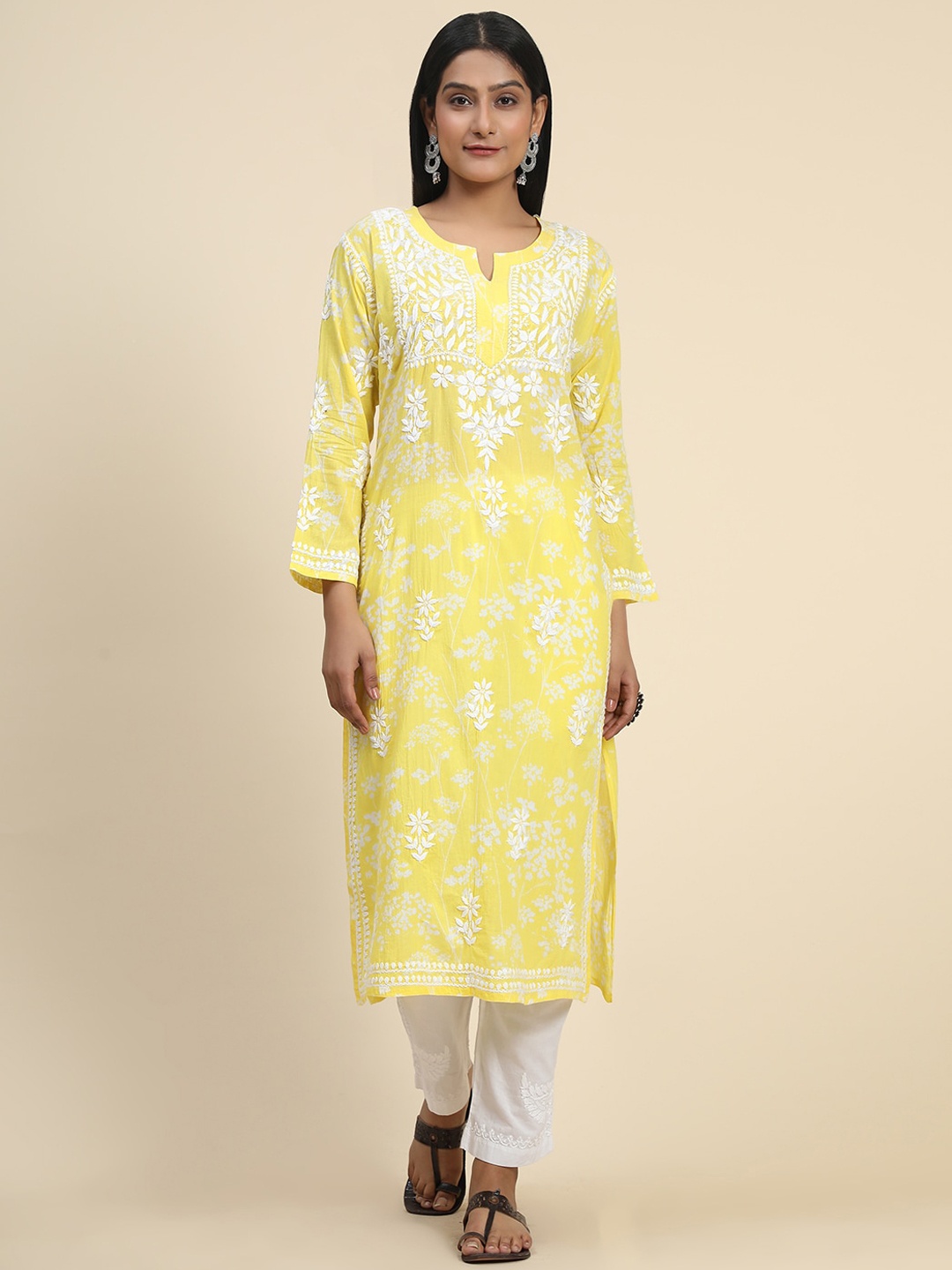 

HOUSE OF KARI Women Floral Printed Thread Work Cotton Kurta, Yellow