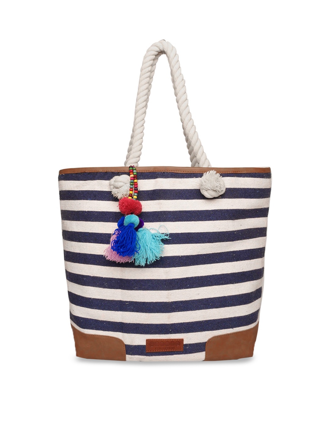 

ASTRID Women Striped Shopper Tote Bag with Tasselled, Blue