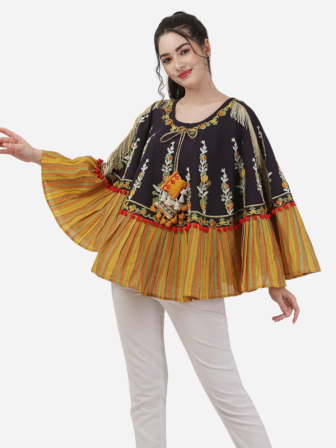 

MESMORA FASHION Women Black & Brown Floral Crop Poncho with Embroidered Detail