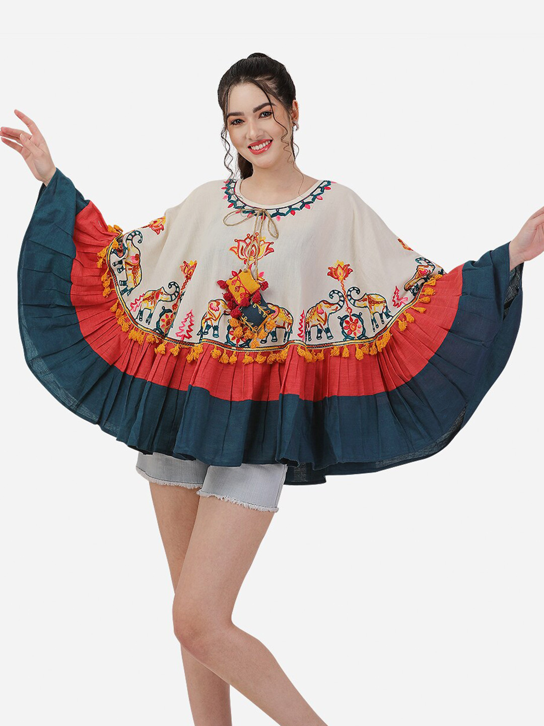 

MESMORA FASHION Women Round Neck Ethnic Motifs Cotton Poncho with Embroidered Detail, Off white