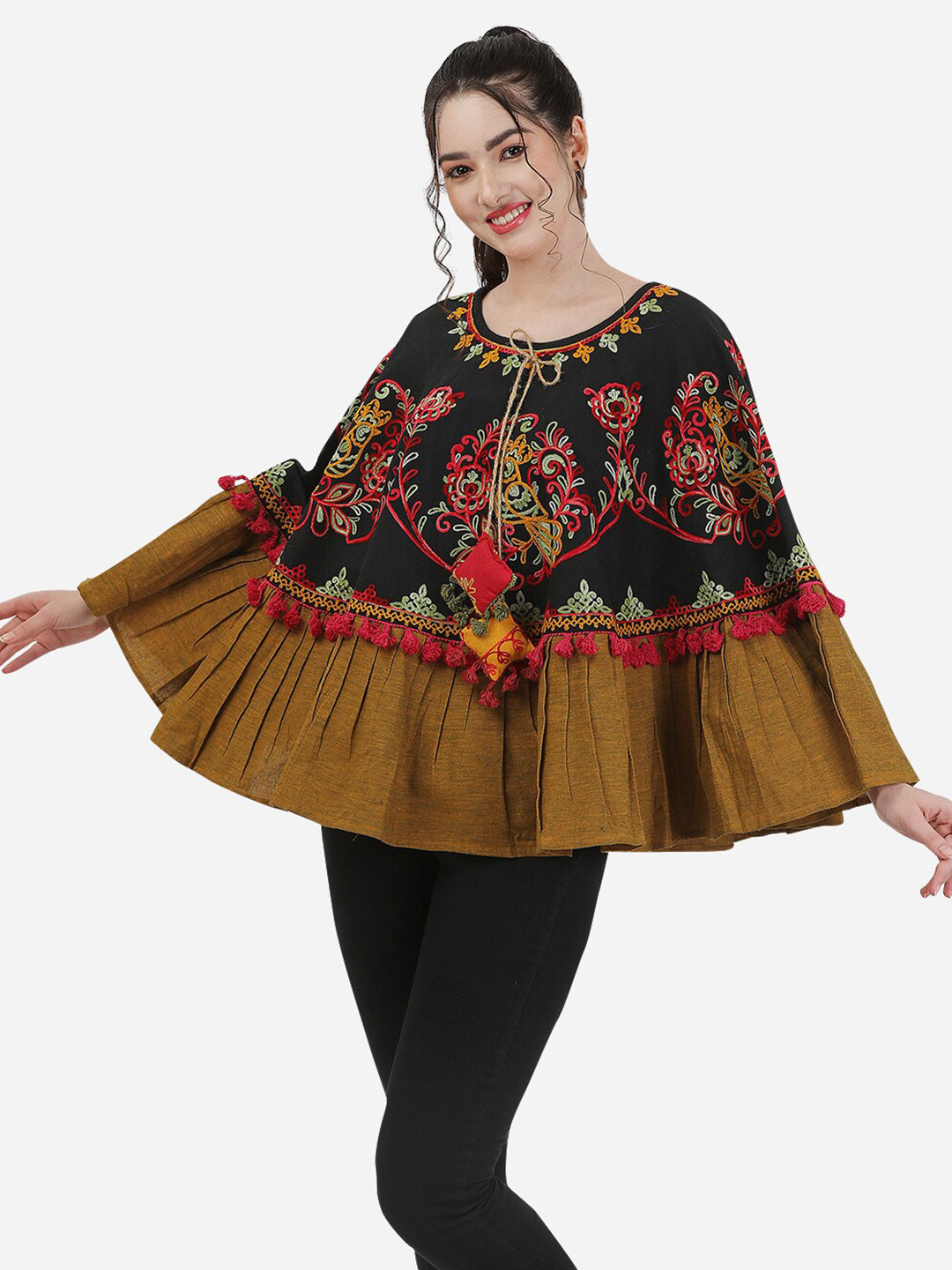 

MESMORA FASHION Women Round Neck Floral Cotton Poncho with Embroidered Detail, Black