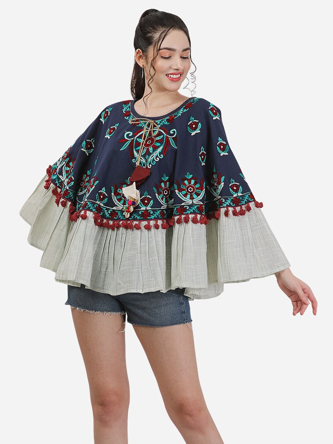 

MESMORA FASHION Women Round Neck Floral Cotton Poncho with Embroidered Detail, Navy blue