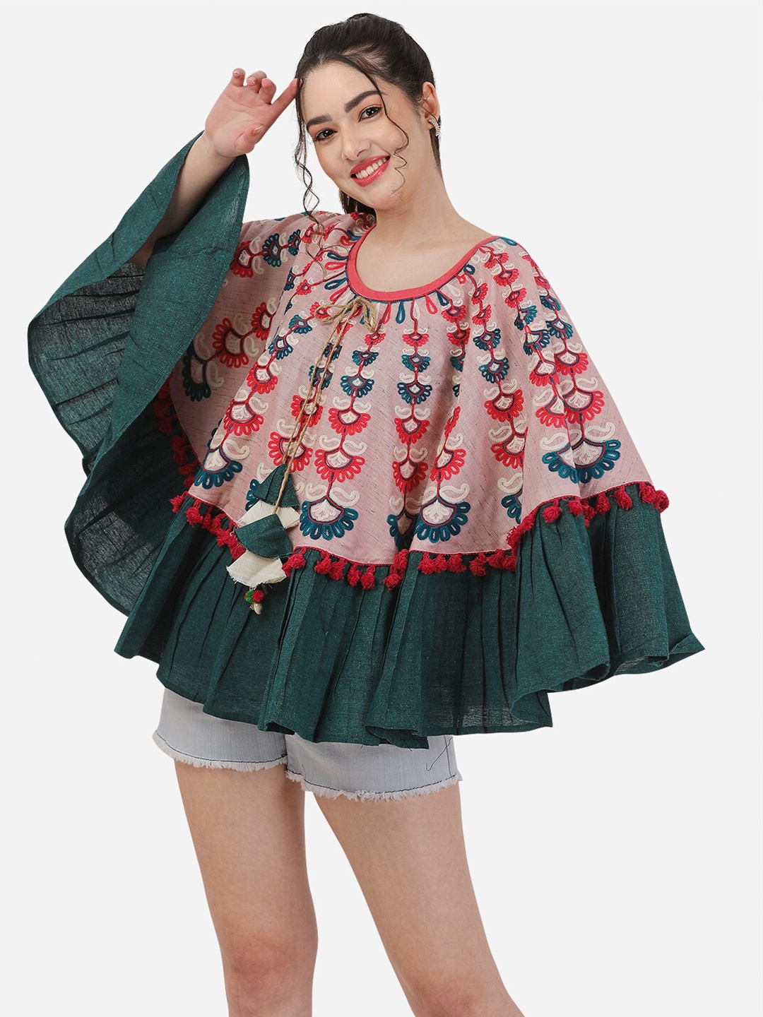 

MESMORA FASHION Women Round Neck Floral Cotton Poncho with Embroidered Detail, Pink