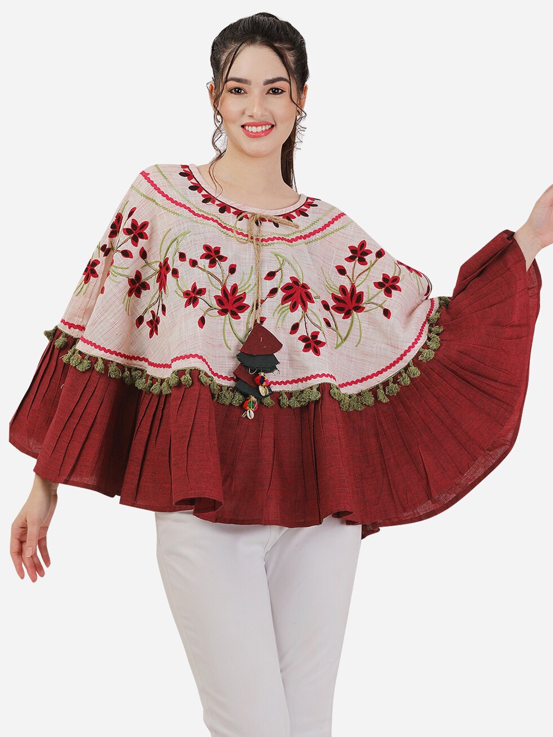 

MESMORA FASHION Women Round Neck Floral Cotton Poncho with Embroidered Detail, Pink