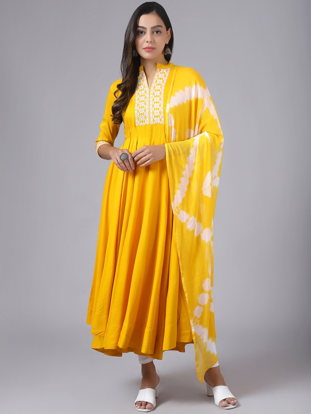 

KALINI Women Thread Work Anarkali Kurta With Dupatta, Mustard