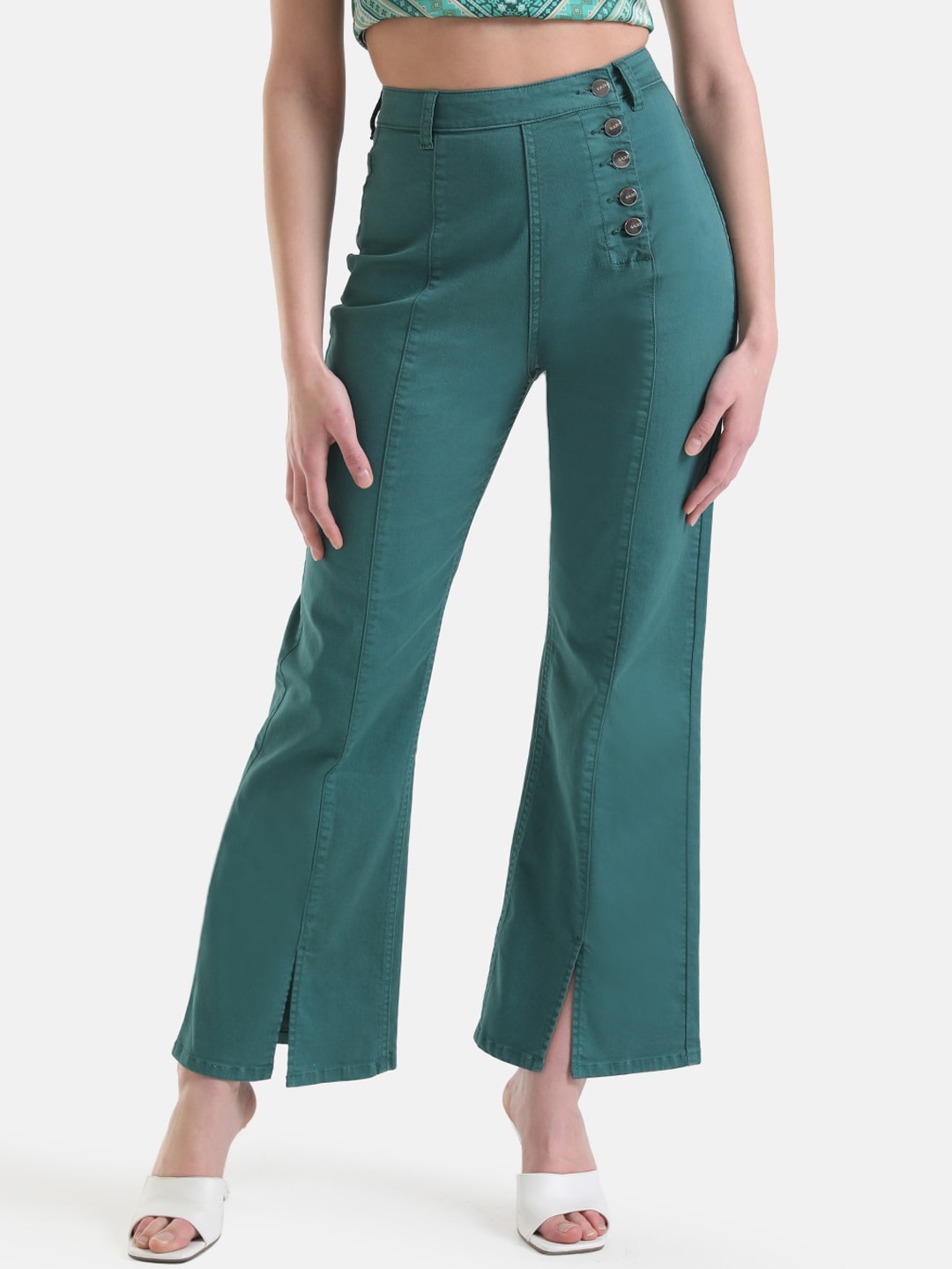 

Kazo Women Flared High-Rise Slit Cotton Jeans, Green