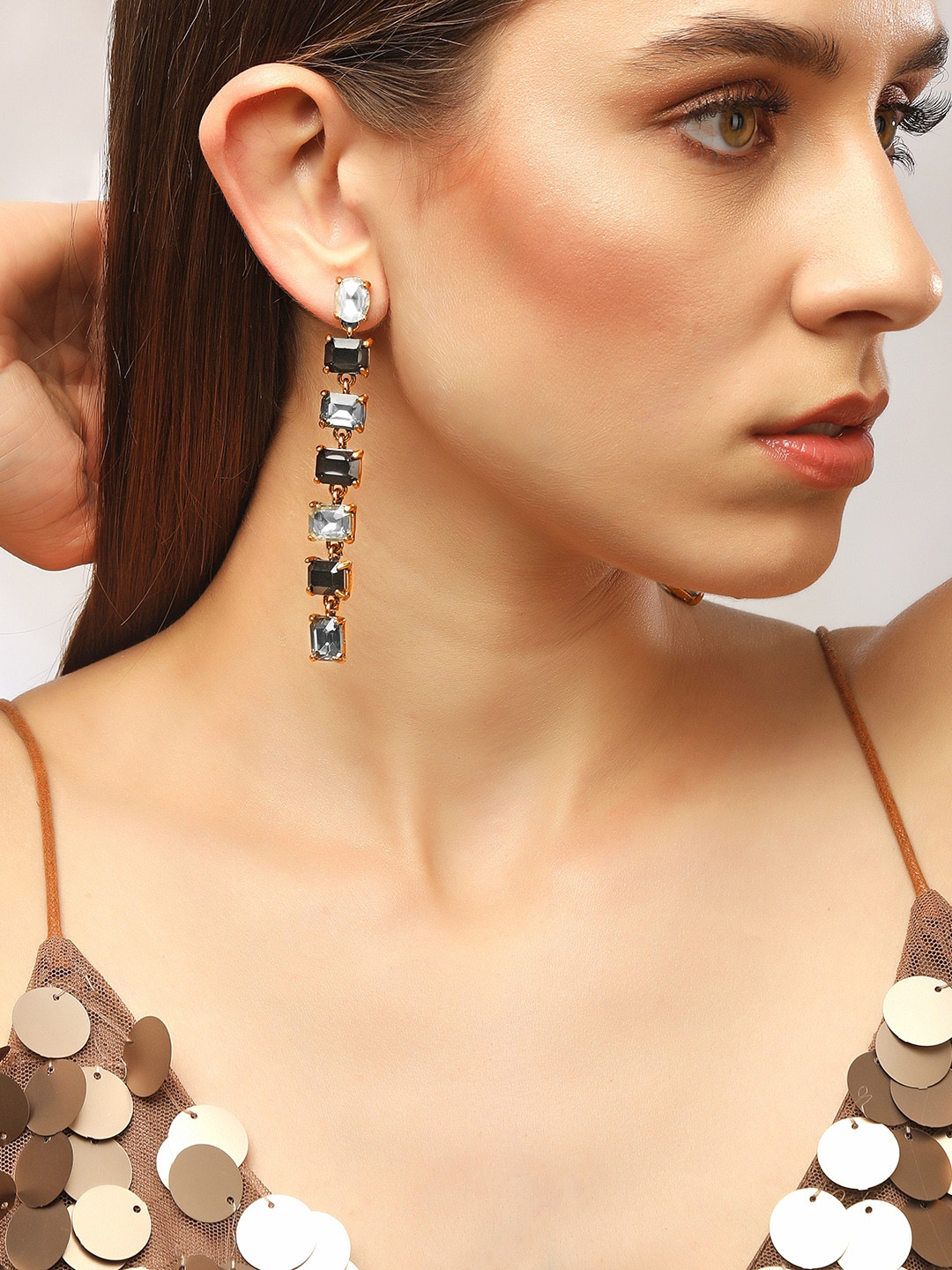 

Rubans Voguish Gold-Plated Zircon Studded Square Drop Earrings, Grey
