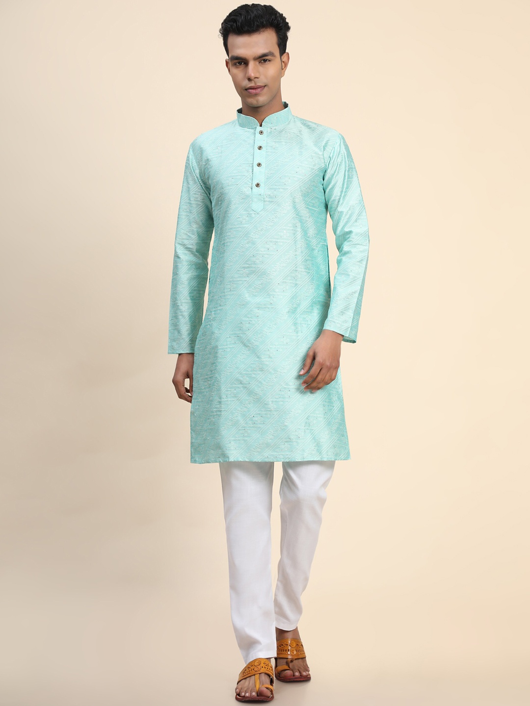 

Ekta Textiles Men Leheriya Printed Pure Cotton Kurta with Pyjamas, Turquoise blue
