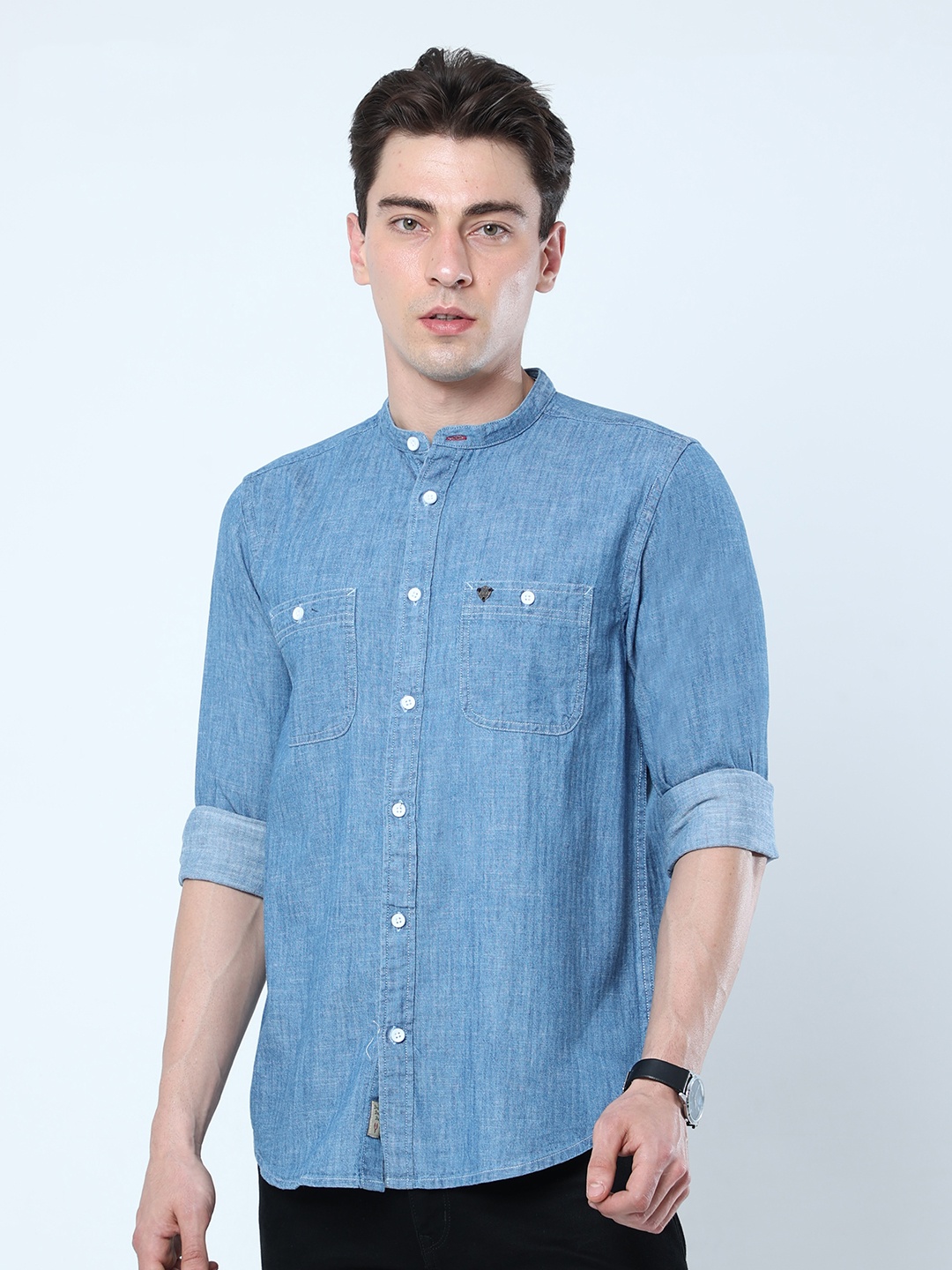

VUDU Men Mandarin Collar Comfort Cotton Casual Shirt, Blue
