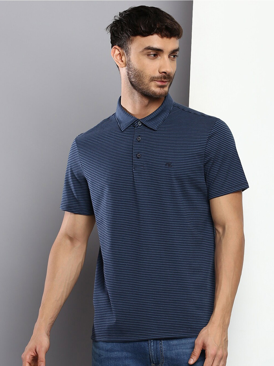 

Calvin Klein Jeans Men Striped Polo Collar T-shirt, Navy blue