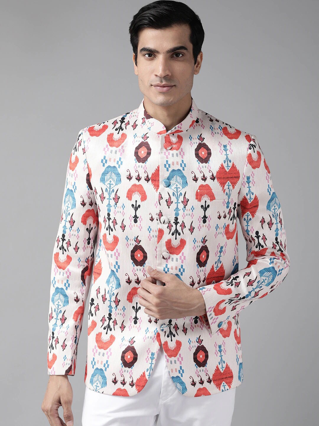 

Vastramay Men Printed Slim-Fit Jodhpuri Bandhgala Blazer, Cream