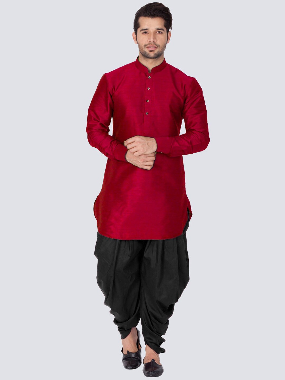

VASTRAMAY Men Mandarin Collar Kurta with Dhoti Pants, Maroon